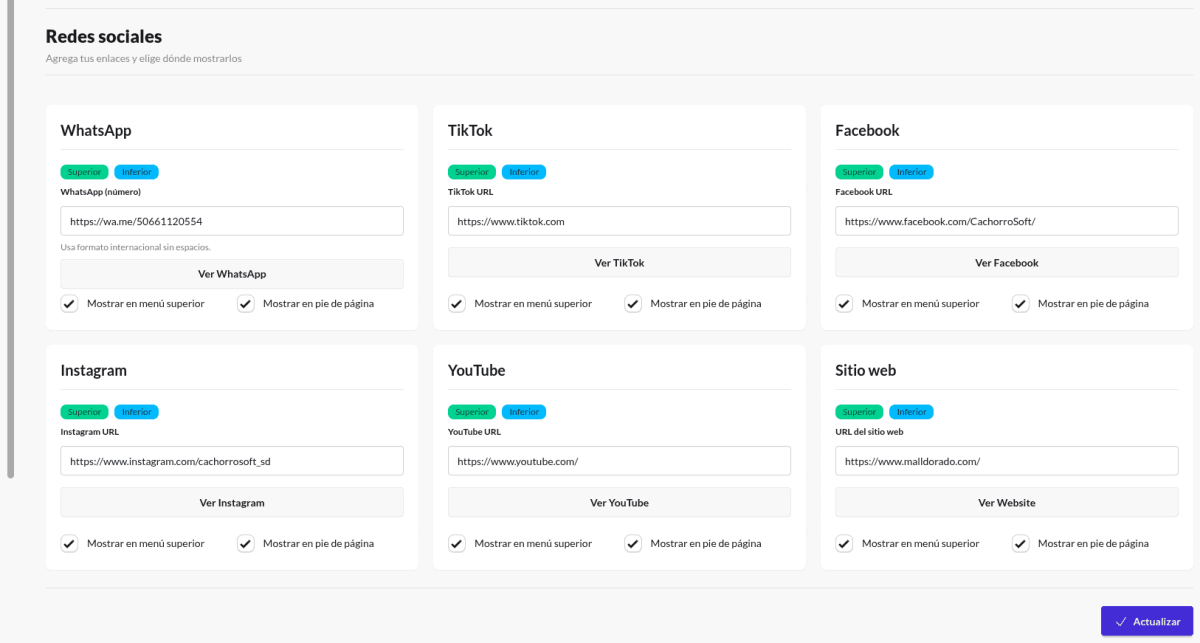 Mall dorado 4.0 - Rediseño completo del módulo de Ajustes de Negocio - Nueva configuración de redes sociales.