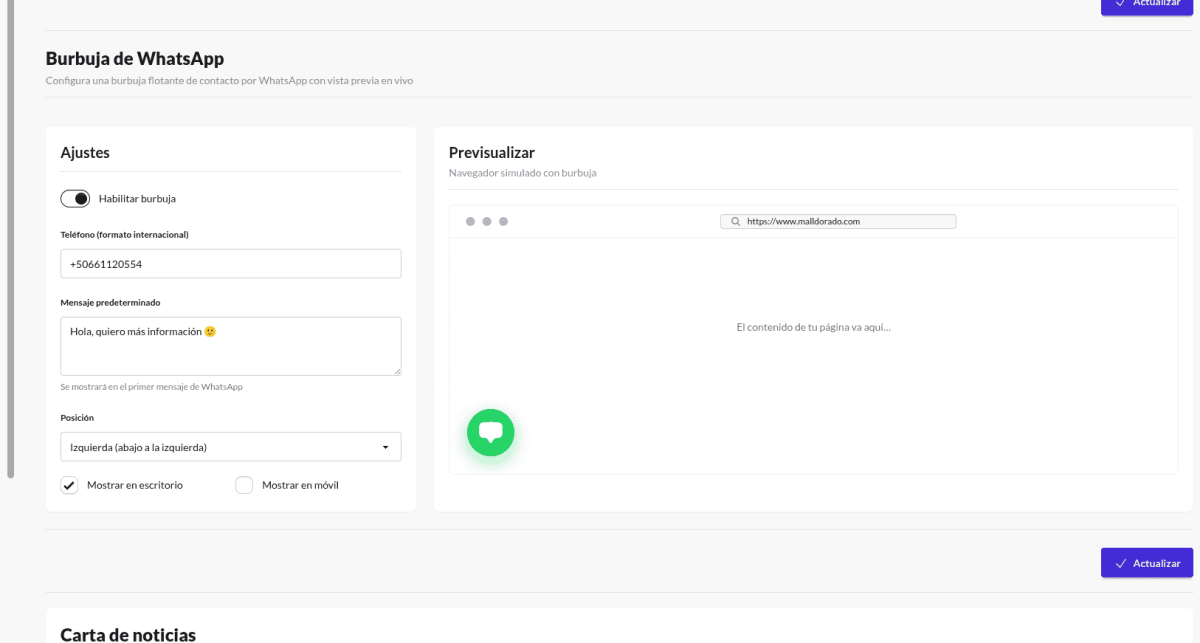 Mall dorado 4.0 - Rediseño completo del módulo de Ajustes de Negocio - Burbuja de WhatsApp configurable